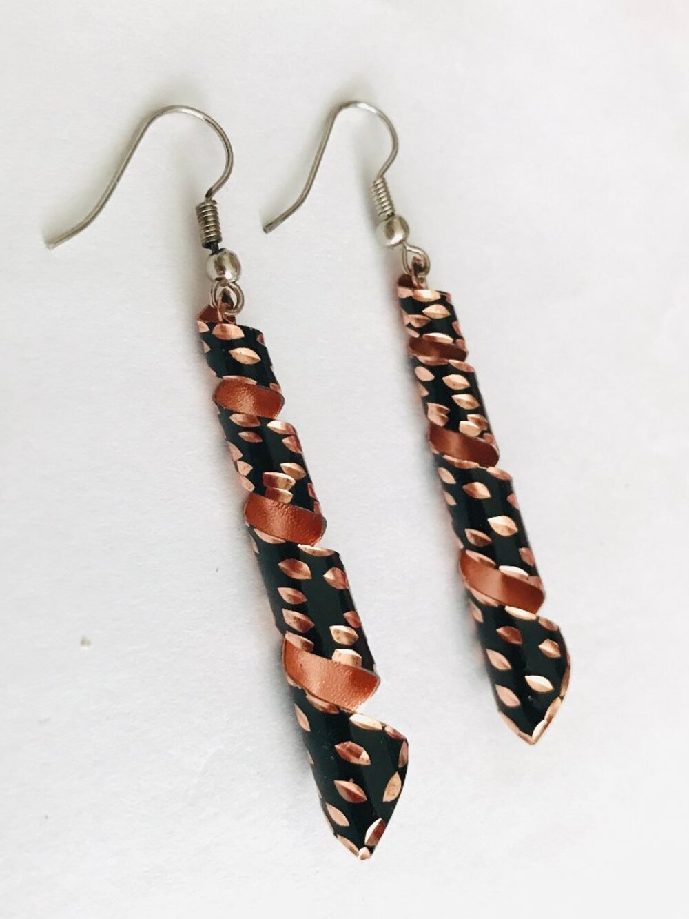 Long Twisted Metal Dangle Earrings Copper and Black Hooks